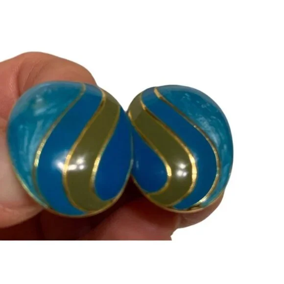 Vintage turquoise & gold enamel striped clip on earrings - 80s enamel clips‎ - Picture 8 of 8